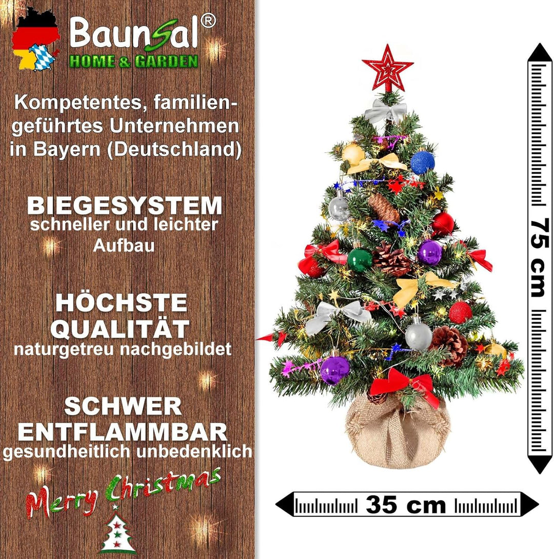 Weihnachtsbaum künstlich (WBD) 75 cm grün mit Weihnachtsdeko bunt und Led Lichterkette mit Batterieb