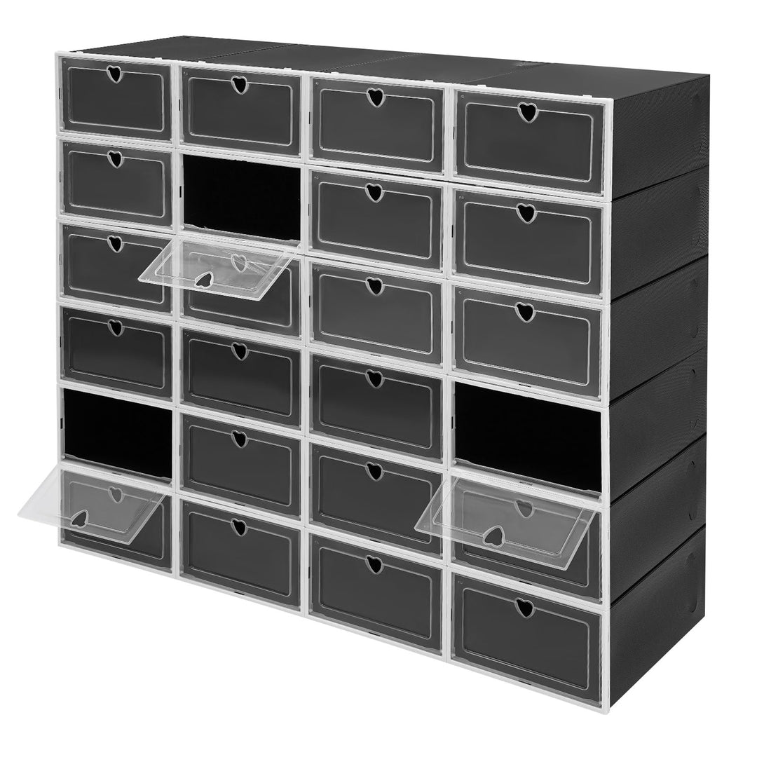 24er-Set Schwarz Transparent Schuhboxen Stapelbar Schuhaufbewahrung mit Durchsichtiger Tür Faltbar S