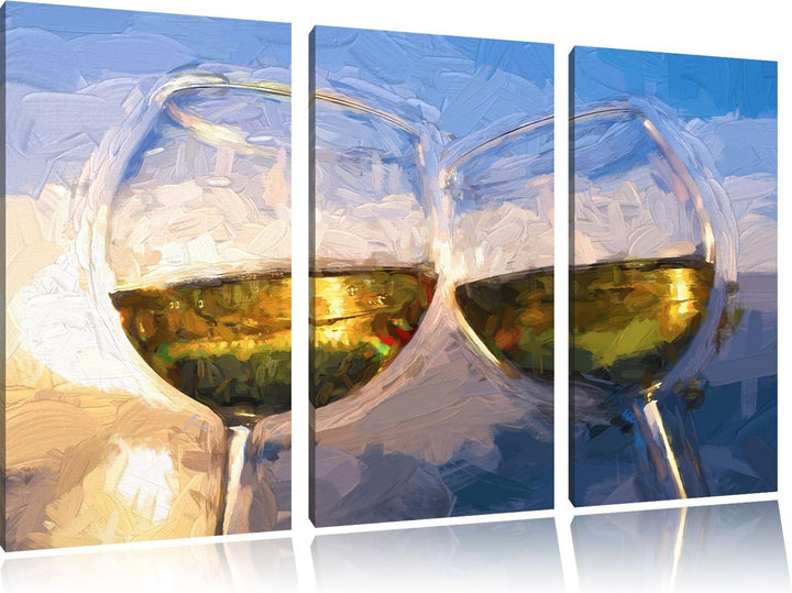 Pixxprint Weingläser im Sonnenuntergang am Meer Pinsel Effekt 3-Teiler Leinwandbild 120x80 Bild auf