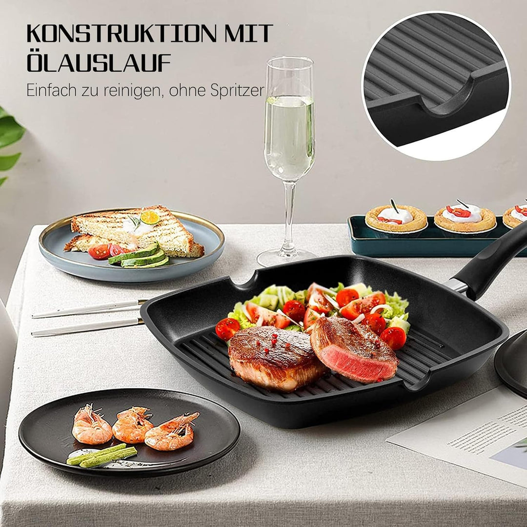 Grillpfanne 28×28 cm, Steakpfanne Induktion aus Aluminiumguss, induktionsgeeignet Pfanne, PFOA-freie