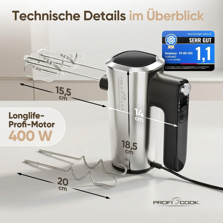 ProfiCook® Handmixer | 5 Stufen | sanfter Start | spülmaschinengeeignetes Zubehör | Turbo | 400W | M