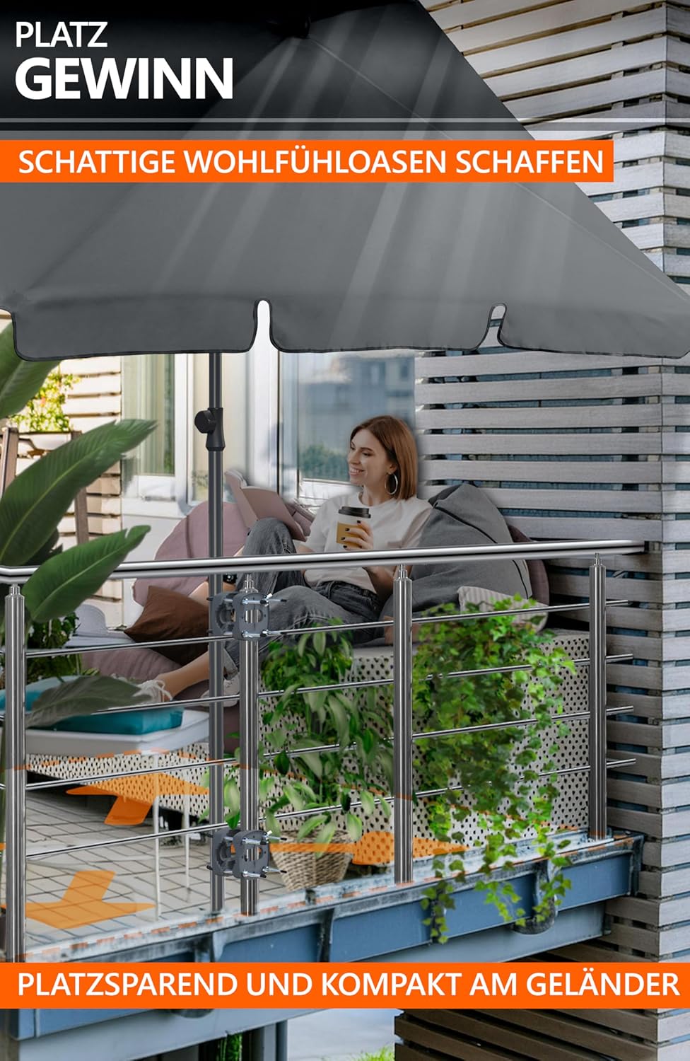 4smile Sonnenschirm Balkon SunnyShade - Sonnenschutz Balkon 4-in-1 SET, Anthrazit - Sonnenschirm rec