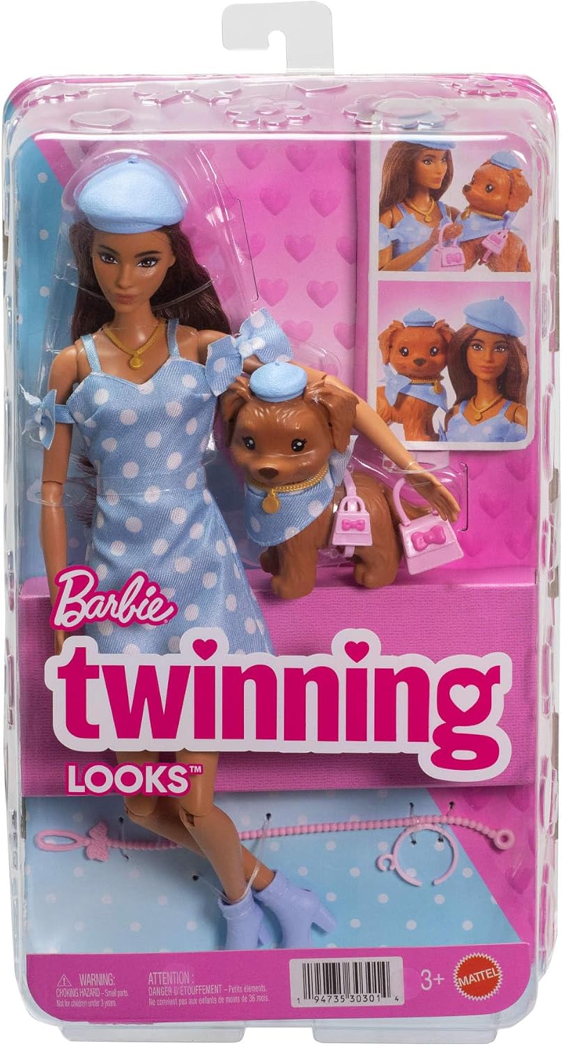 Barbie Twinning Looks Puppe mit Hündchen im Partnerlook mit blauen Pünktchen-Outfits und Accessoires