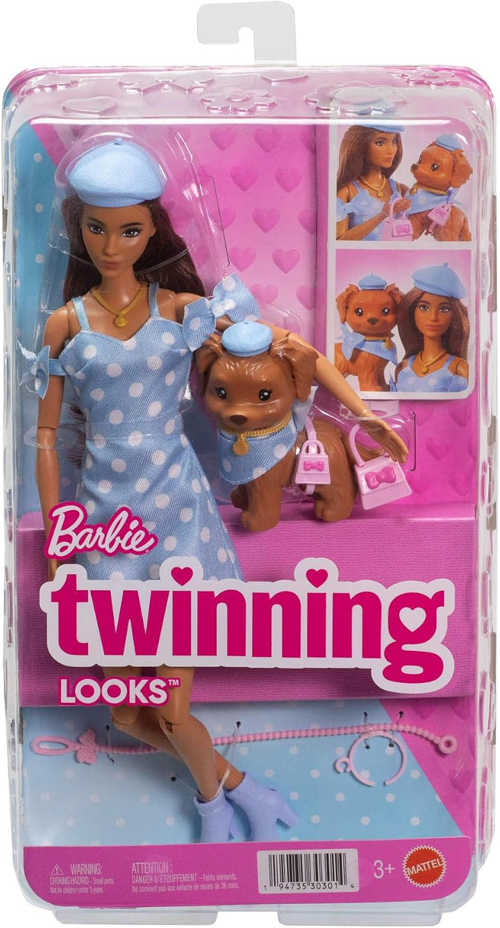 Barbie Twinning Looks Puppe mit Hündchen im Partnerlook mit blauen Pünktchen-Outfits und Accessoires