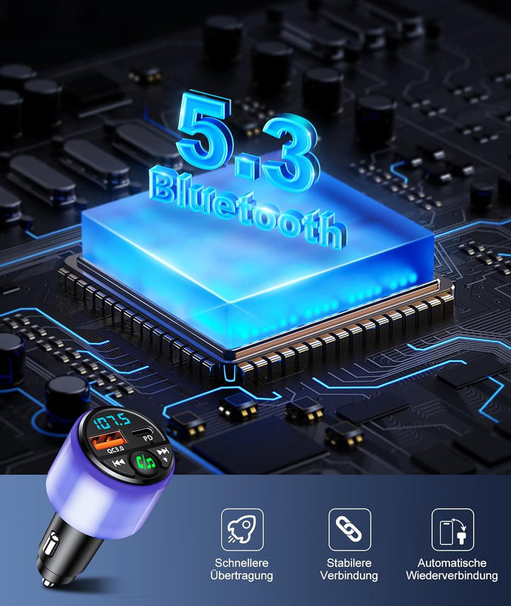 Mohard Bluetooth Adapter Auto, [PD 30W & QC3.0 18W] FM Transmitter Auto Bluetooth 5.3, [Rundum Strah