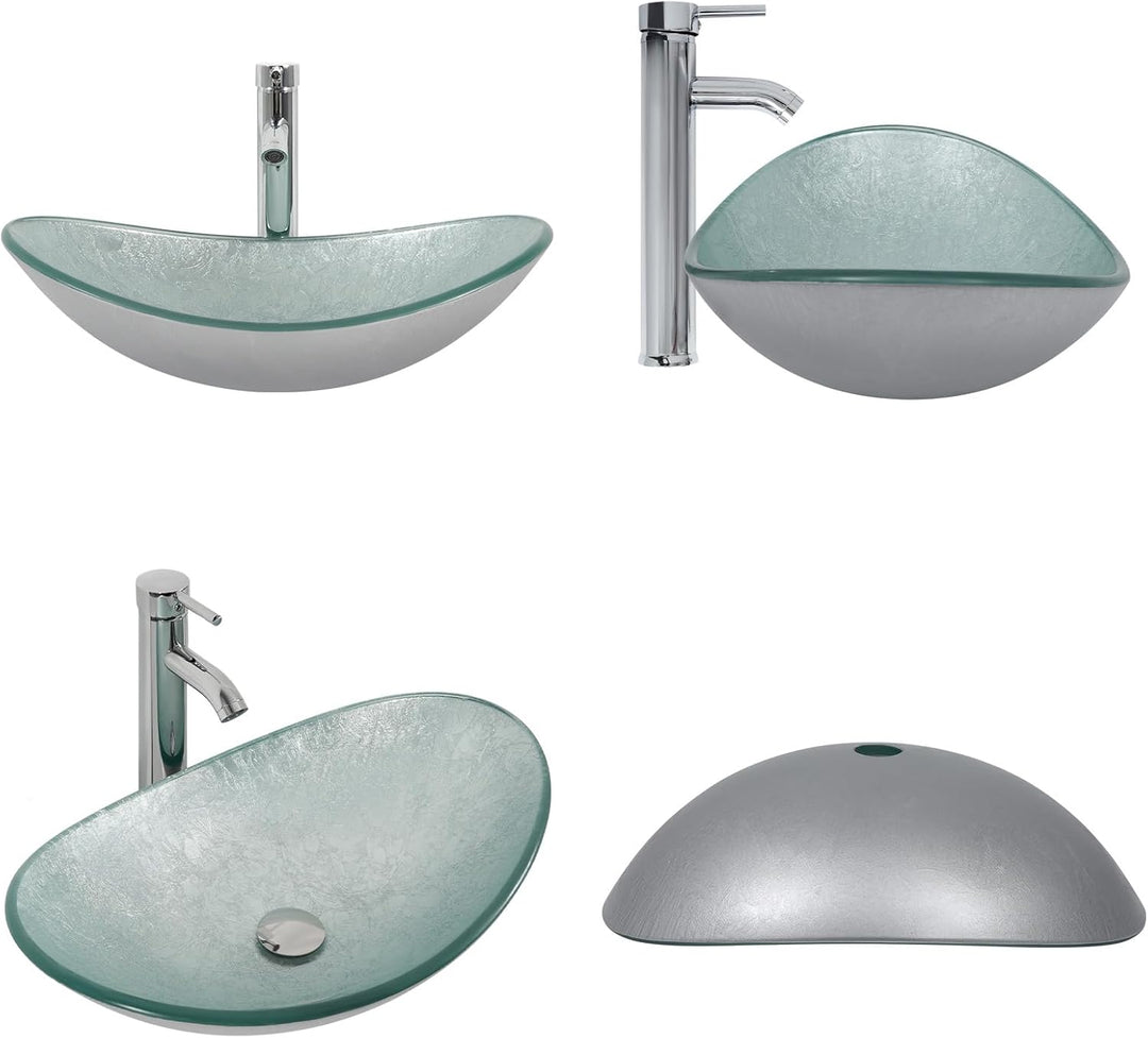 YU YUSING Aufsatzwaschbecken Waschbecken Glas Waschtisch, Oval Hand Waschschale mit Wasserhahn Set,