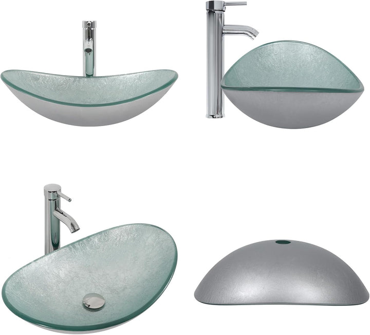 YU YUSING Aufsatzwaschbecken Waschbecken Glas Waschtisch, Oval Hand Waschschale mit Wasserhahn Set,