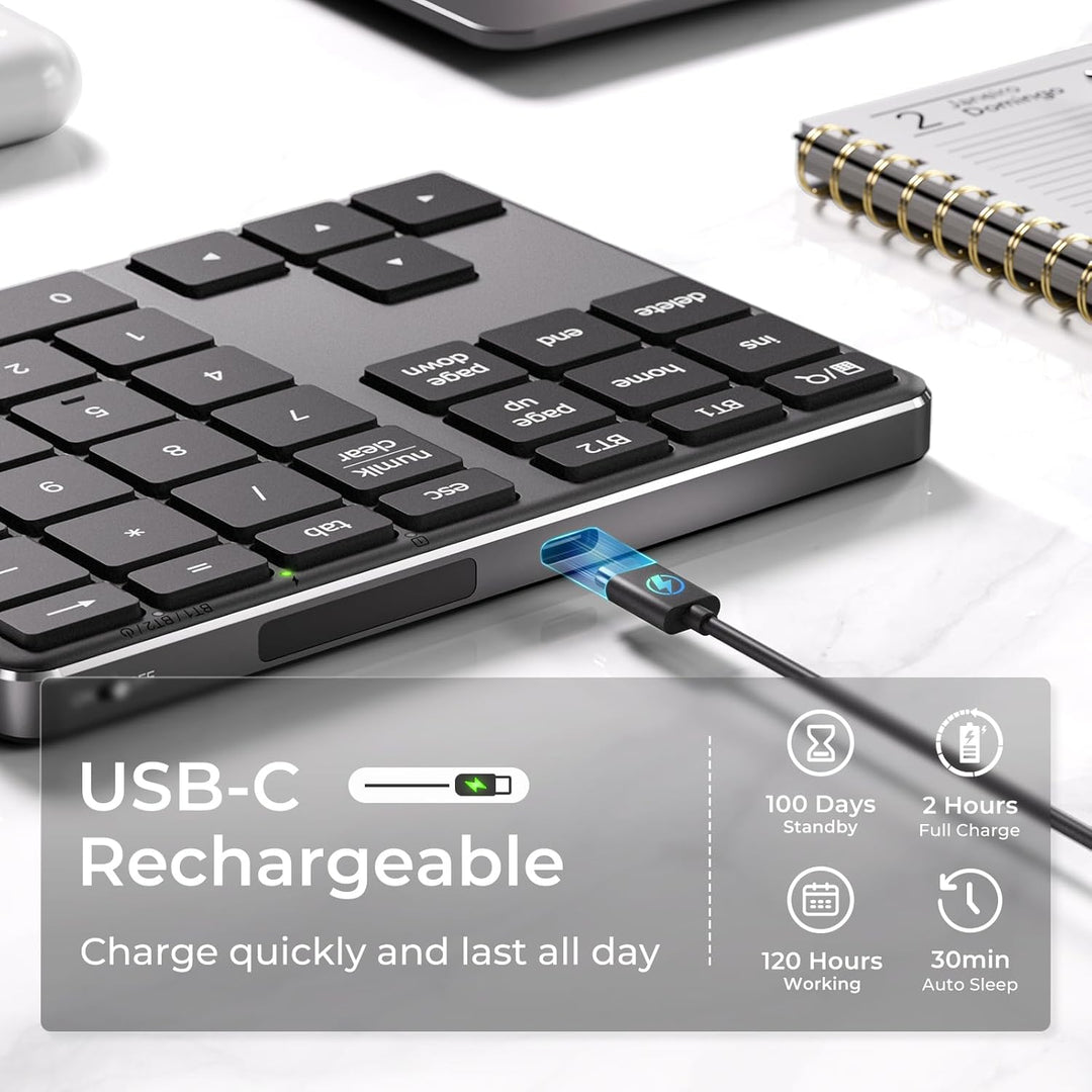 iClever Nummernblock, kabelloser Aluminium-Nummernblock für mehrere Geräte, USB-C wiederaufladbar, e