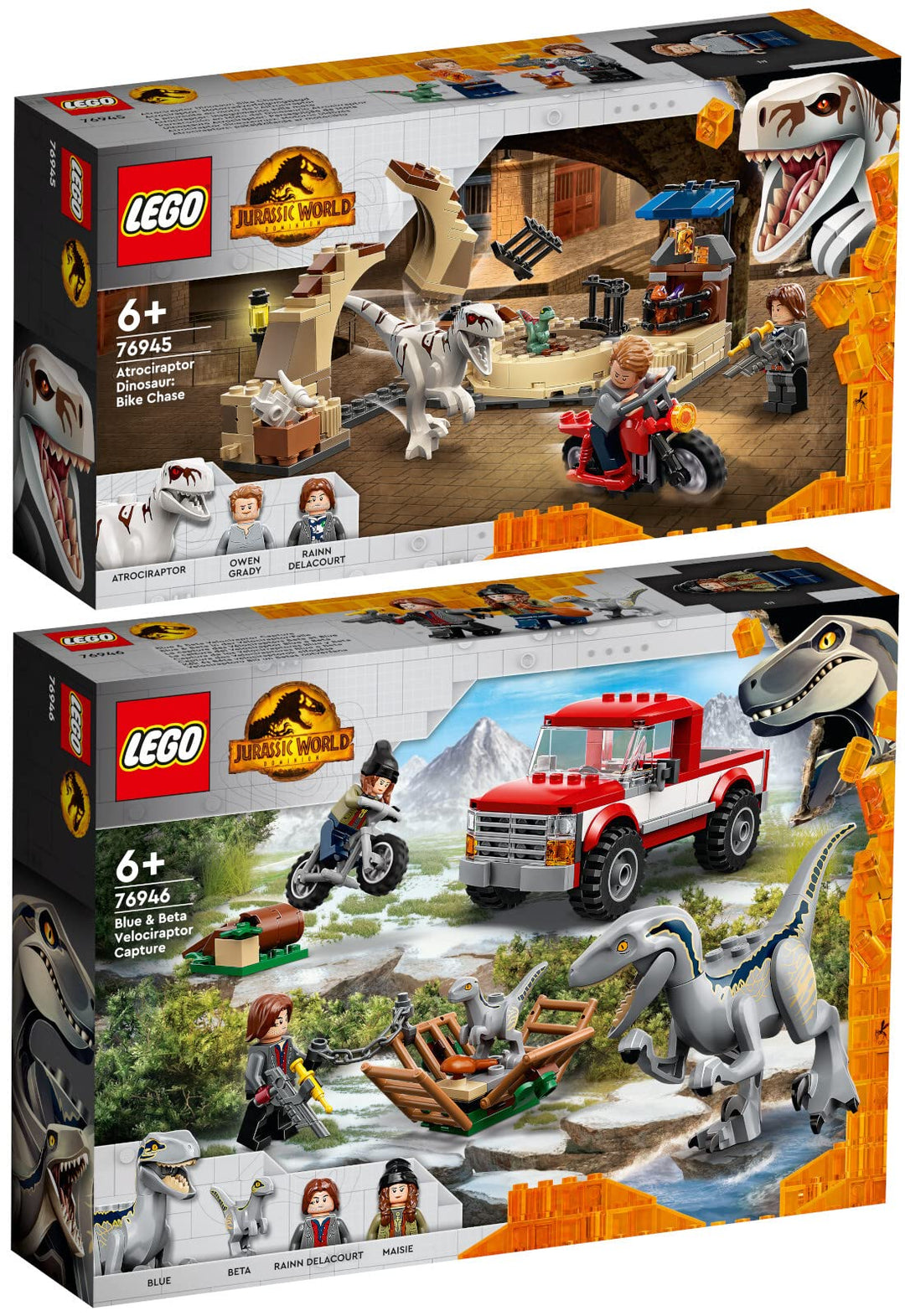 Lego 2er Set: 76945 Atrociraptor: Motorradverfolgungsjagd & 76946 Blue & Beta in der Velociraptor-Fa