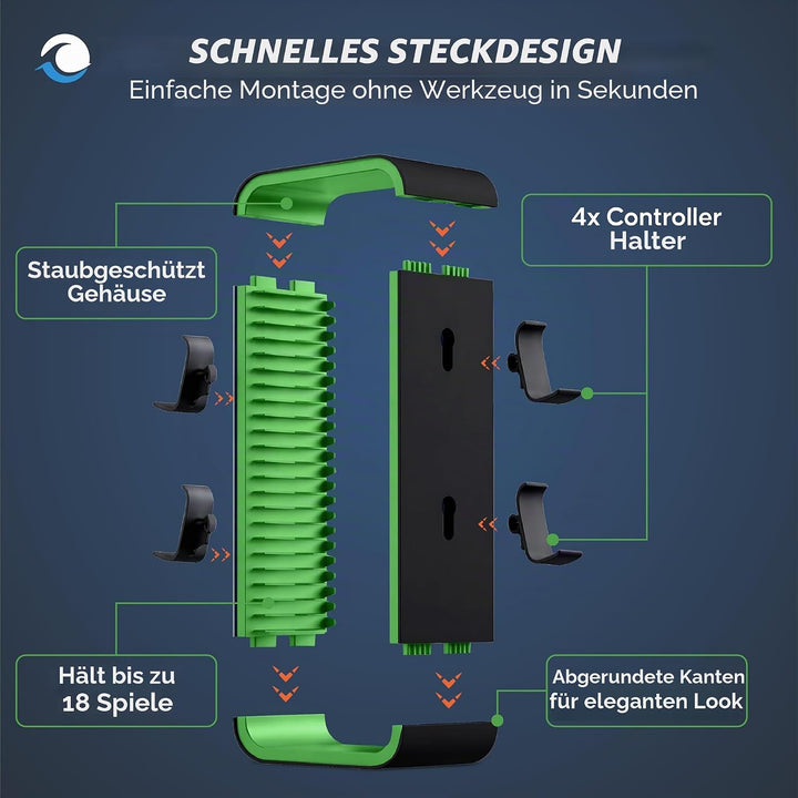 Universal Games Storage Tower Pro - Bis zu 18 Spiele - Mit Controller Halterung für bis zu 4 Gamepad