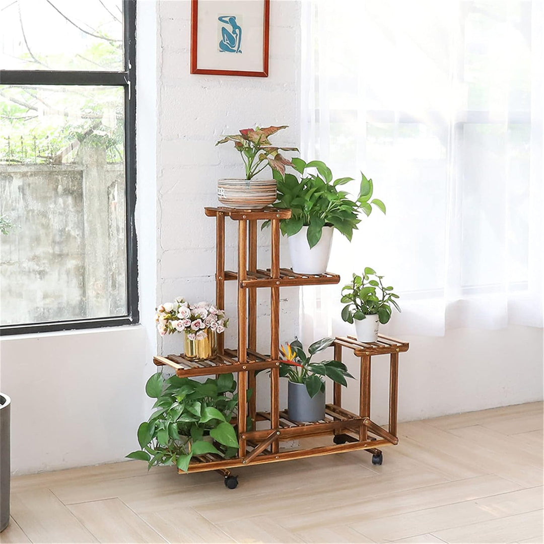 unho Blumenregal Rollbar, Blumenständer mit 6 Ebenen, Blumentreppe aus Holz, Pflanzenregal Balkon Wo