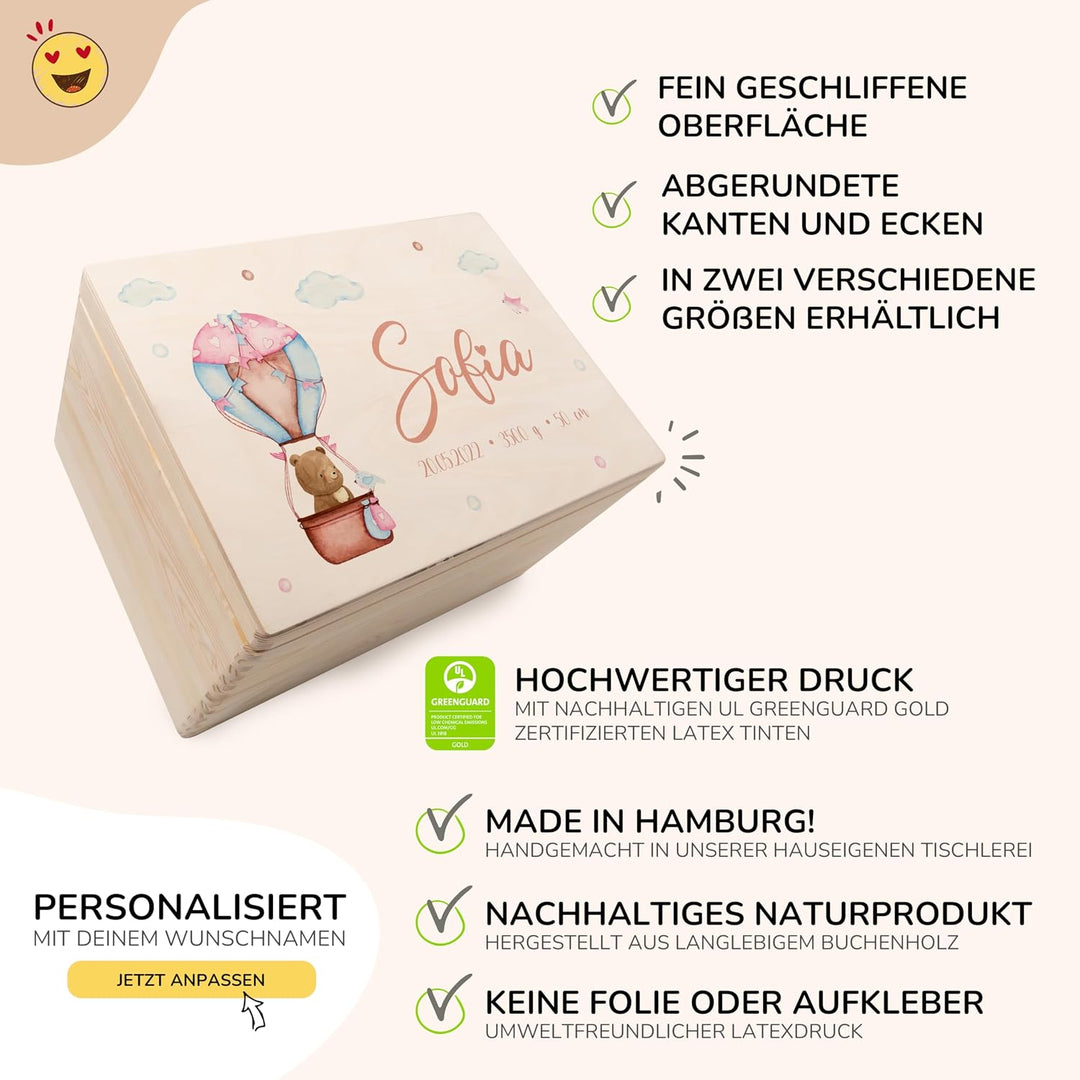 KIDSMOOD - Erinnerungsbox Baby, personalisierte Holzkiste mit Deckel, Ideal zur Aufbewahrung von Eri