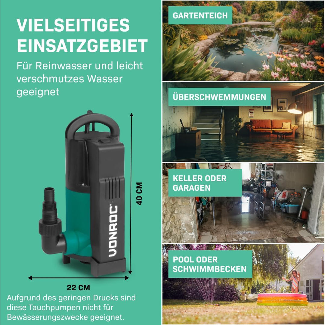 VONROC Tauchmotorpumpe 750W - 14000 l/h - Integrierter Schwimmer | Schmutz- und Klarwasser