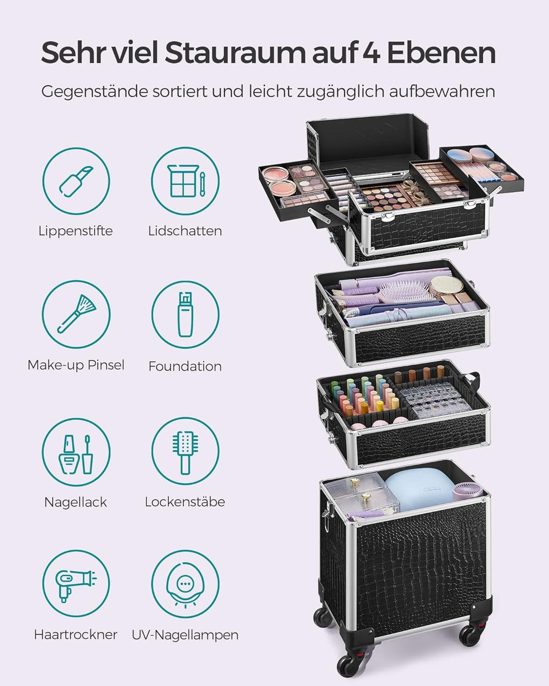SONGMICS Alu Trolley, Kosmetikkoffer mit Rollen, Friseurkoffer, Schminkkoffer ohne Inhalt, Handgepäc