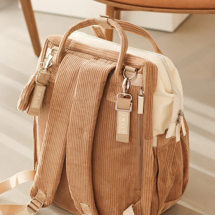 LIINI® Wickelrucksack Cord Braun – 29L Wickeltasche Rucksack mit Wickelunterlage, Kinderwagen-Halter
