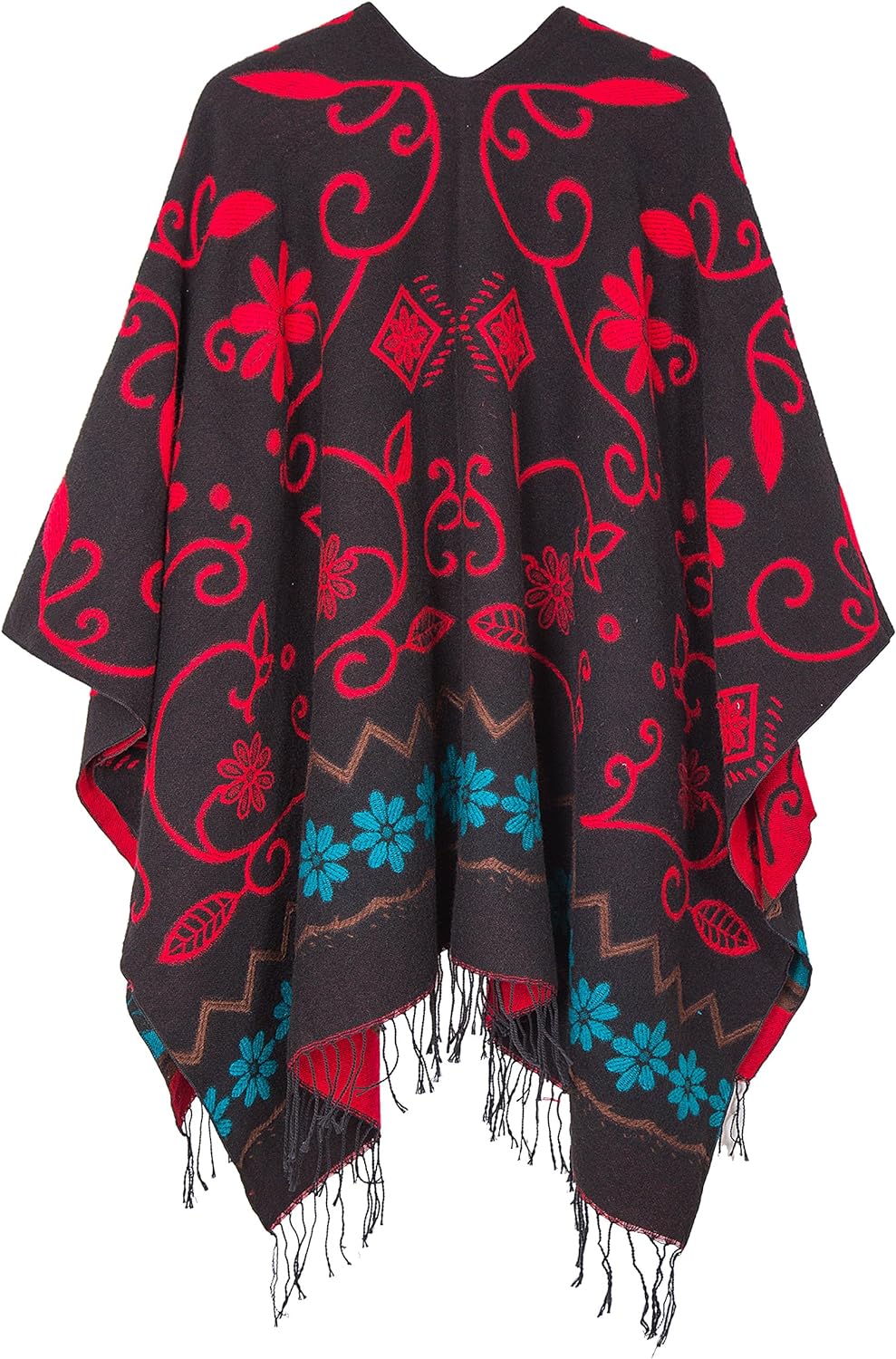 Poncho im Retro-Stil, Vintage-Muster, Quaste, Umhang für Damen Schwarz, Schwarz