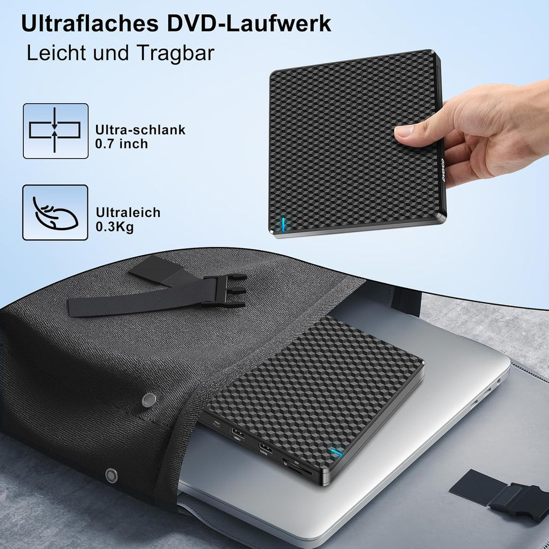 NOLYTH Externes DVD Laufwerk USB-C: CD Laufwerk Extern USB mit SD/TF Slot/2 USB Ports Plug & Play -