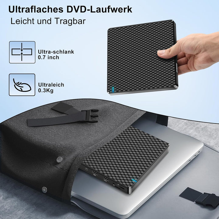 NOLYTH Externes DVD Laufwerk USB-C: CD Laufwerk Extern USB mit SD/TF Slot/2 USB Ports Plug & Play -