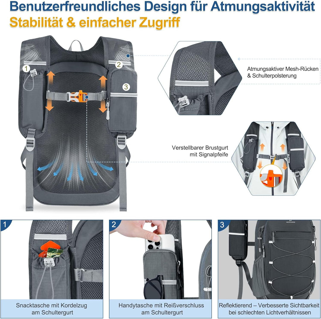 BECOJADDE 15L Kleiner Wanderrucksack Tagesrucksack Herren Damen Leichter Faltbarer Rucksack mit Brus