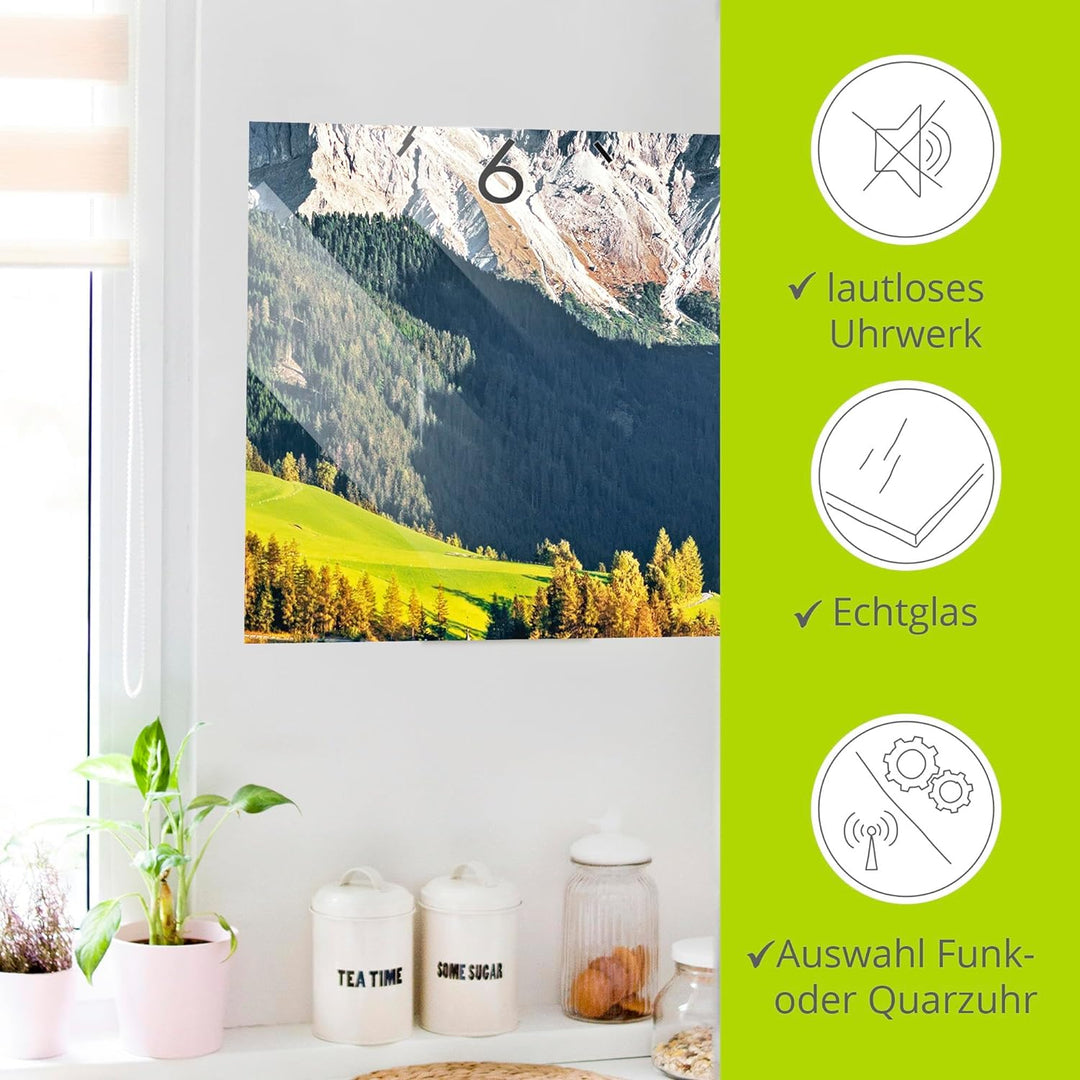 ARTLAND Wanduhr ohne Tickgeräusche Glas Funkuhr 20x60 cm Rechteckig Lautlos Landschaftsbilder Natur
