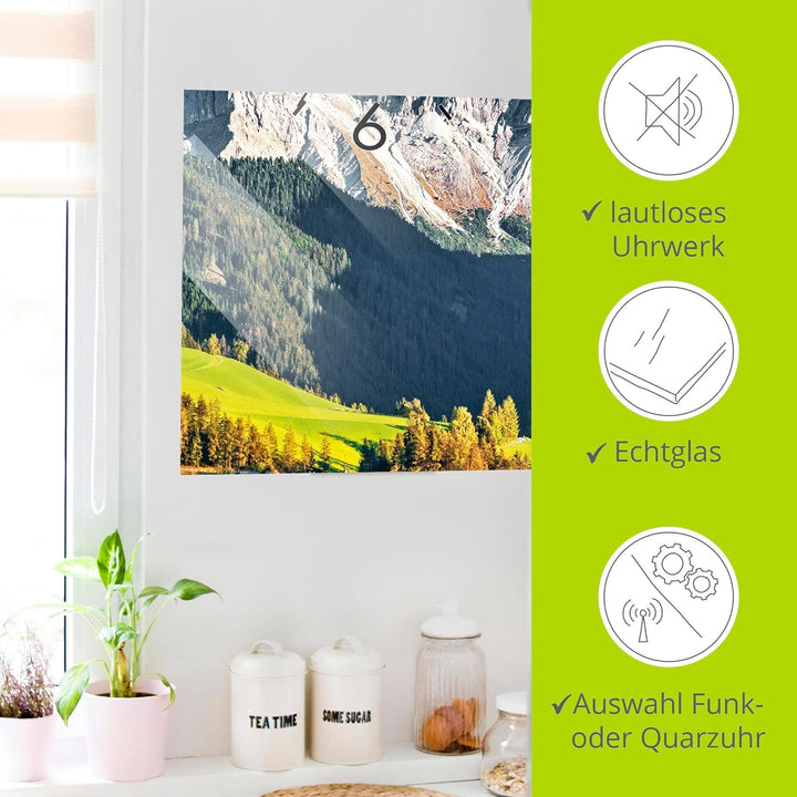 ARTLAND Wanduhr ohne Tickgeräusche Glas Funkuhr 20x60 cm Rechteckig Lautlos Landschaftsbilder Natur
