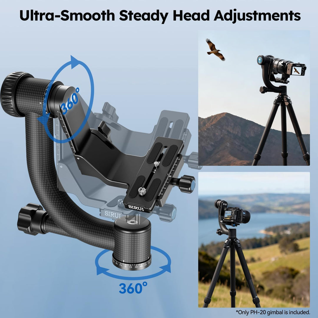 Sirui PH-20 Gimbal Head (Carbon, Höhe: 230mm, Gewicht: 1.3kg, Belastbarkeit: 20kg) mit Tasche und Gu