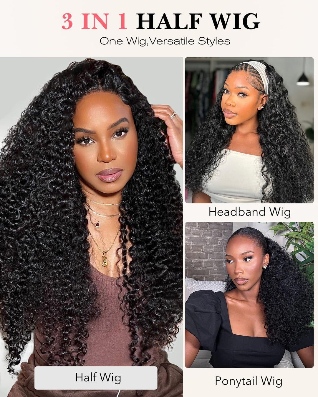 Tunfine Curly Half Wig Echthaar perücke 200 Dichte Water Wave 3 in 1 Seamless Flip Over Wigs Perücke