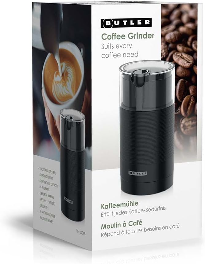 Butler Kaffeemühle - 150W Elektrische Kaffeemühle mit Edelstahlmahlwerk - 70g Mahlbehälter - Schwarz