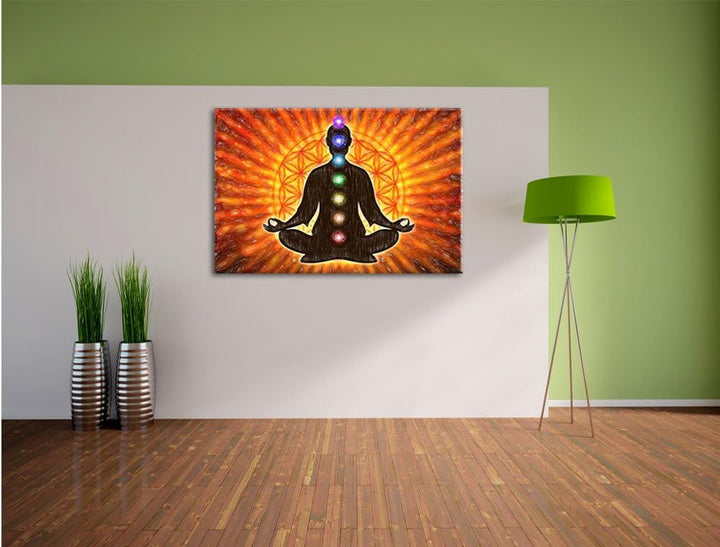 Pixxprint Meditation mit den 7 Chakren als Leinwandbild/Grösse: 100x70 cm/Wandbild/Kunstdruck/fertig