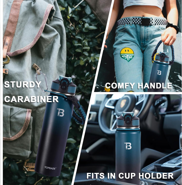 Edelstahl Trinkflasche 1000ml (+2 Deckel), Isolierte Wasserflasche mit Strohhalm, Auslaufsichere Iso