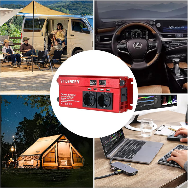 Spannungswandler 12V 230V 1000W/2000W Wechselrichter mit 2 Steckdose und 4 USB LED Spannungsanzeige