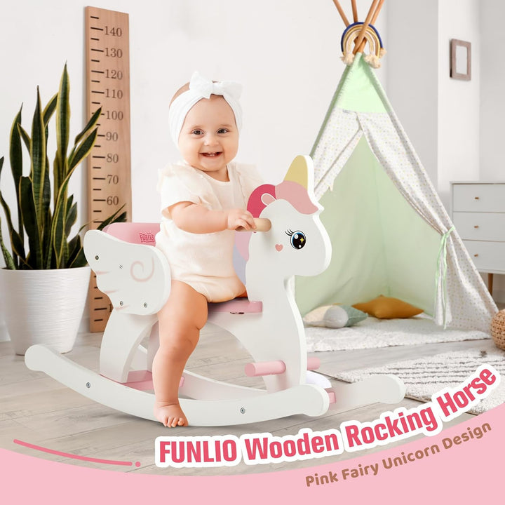 FUNLIO Einhorn Schaukelpferd Holz für 0,5-3 Jahre, Niedliches Schaukelpferd Baby mit Sicherheitsgurt