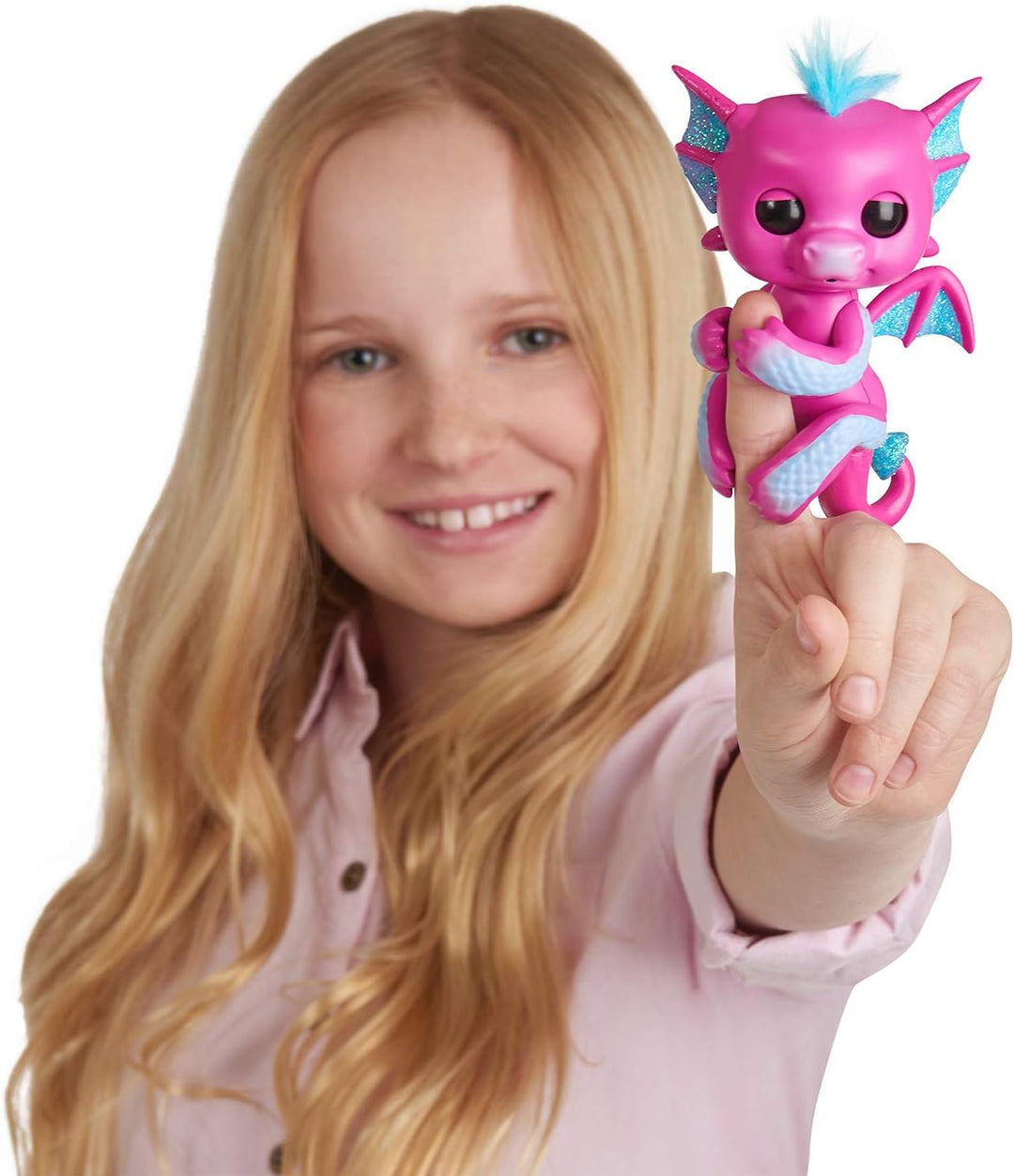 WowWee Fingerlings Drache pink mit blauem Glitzer Sandy - 3583 / interaktives Spielzeug, reagiert au