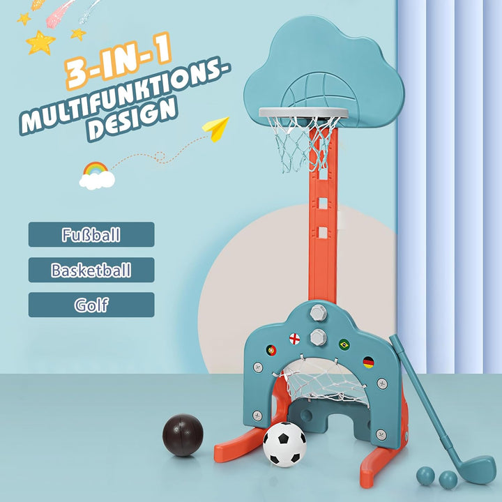 GOPLUS 3-in-1 Kinder Spielplatz, Basketballkorb &amp; Fussballtor &amp; Golfspiel, Höhenverstellbarer Basket