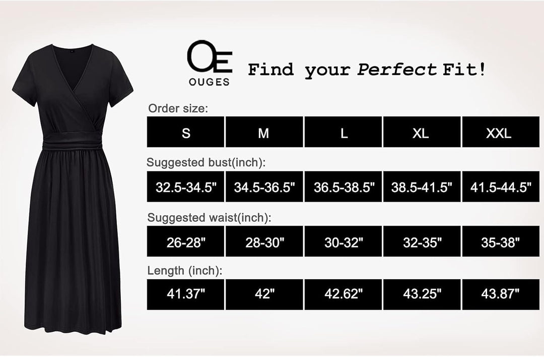 OUGES Kleid Damen Kurzarm/Langarm Winterkleid V-Ausschnitt Casual Midi Freizeitkleid mit Taschen M S