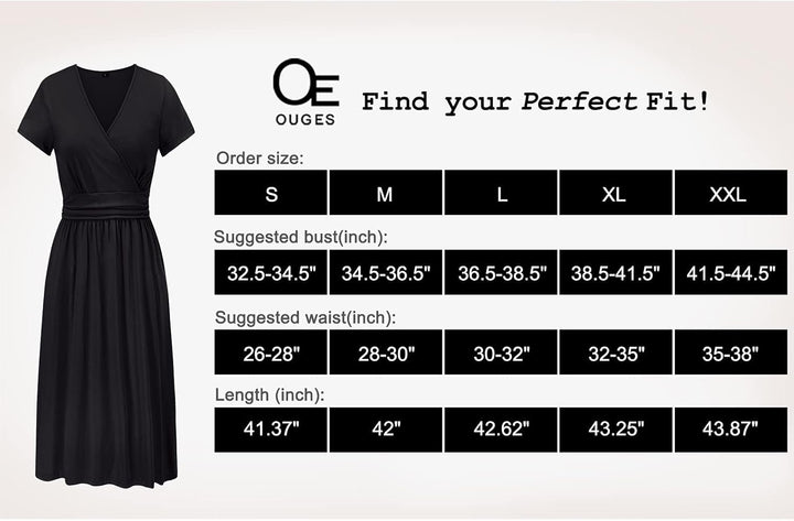 OUGES Kleid Damen Kurzarm/Langarm Winterkleid V-Ausschnitt Casual Midi Freizeitkleid mit Taschen M S