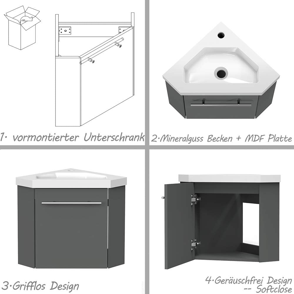 Eckwaschtisch 40 cm Eckschrank Vormontieren Waschbecken mit Unterschrank Waschtisch kleinmöbel Anthr