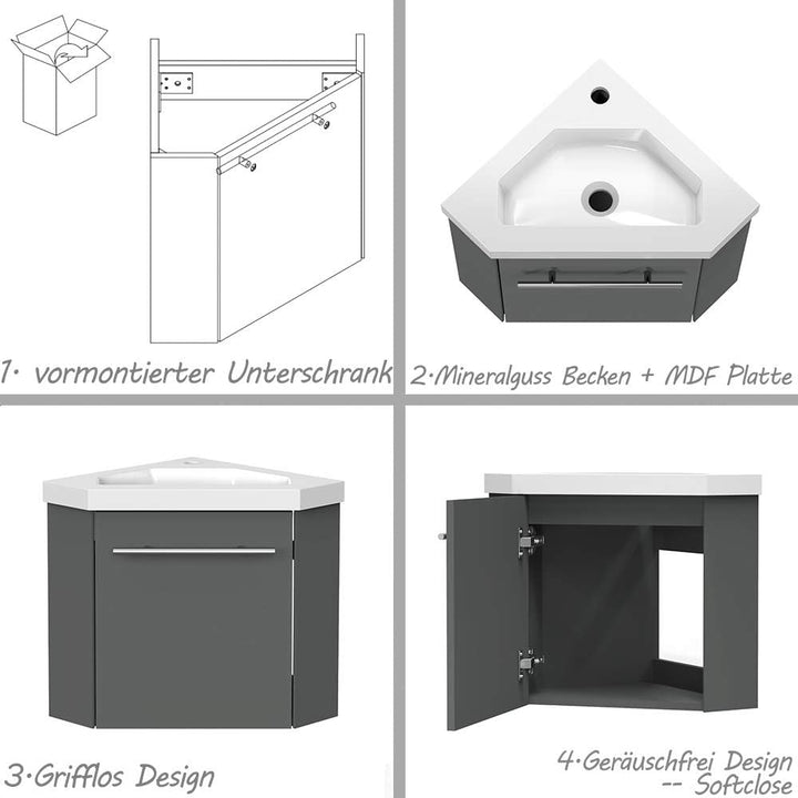 Eckwaschtisch 40 cm Eckschrank Vormontieren Waschbecken mit Unterschrank Waschtisch kleinmöbel Anthr