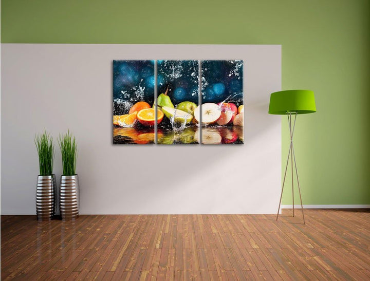 Pixxprint Früchte im Wasser als Leinwandbild/Grösse: 3 Teilig (120x80 cm) cm/Wandbild/Kunstdruck/fer