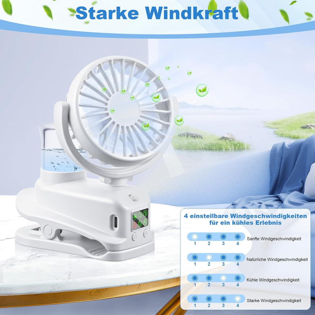 JIZZU USB Ventilator mit Wassernebel, 4 Geschwindigkeiten Wind Tischventilator mit Clip, Mini Ventil