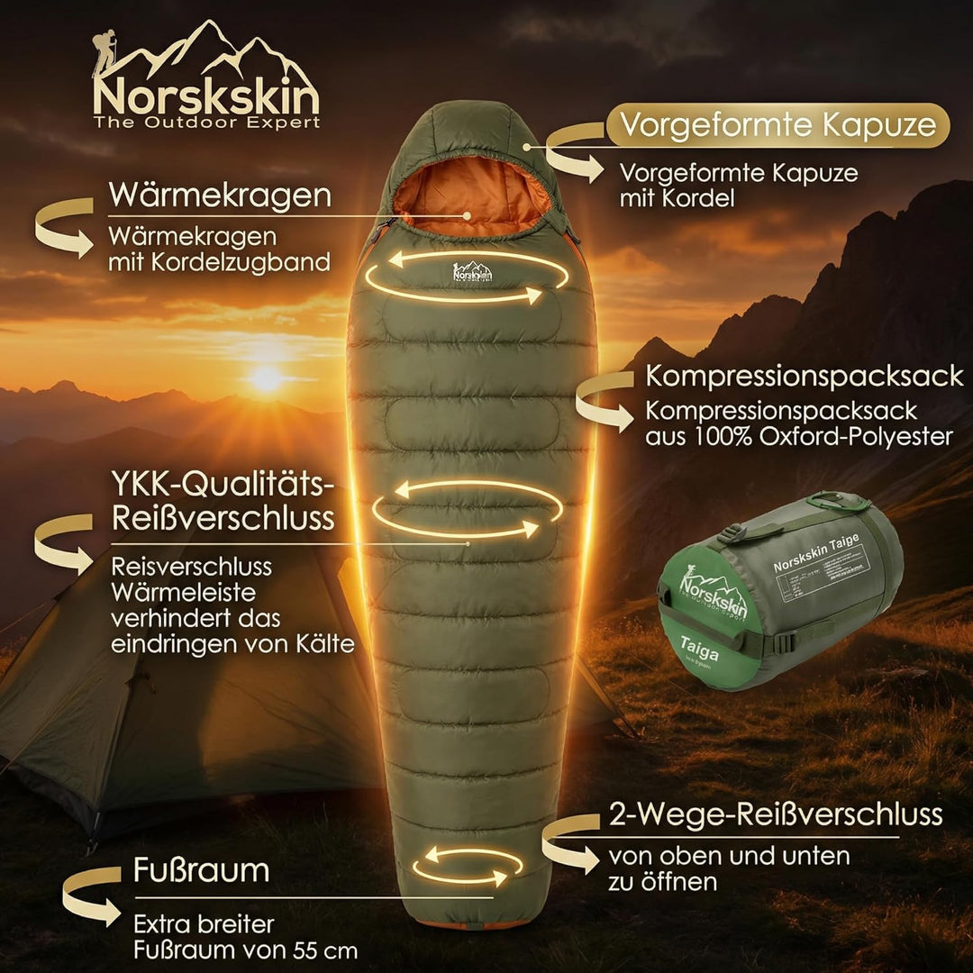 Norskskin Leichter Schlafsack 4 Jahreszeiten 0°C bis -23°C - Mumienschlafsack extra lang (230 x 82 c