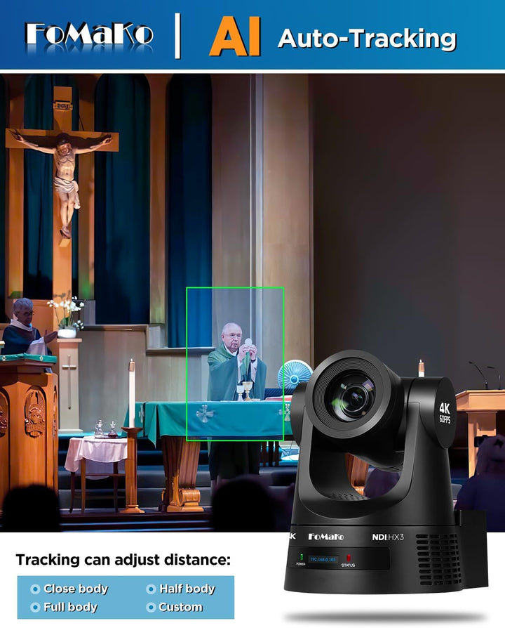 FoMaKo PTZ Kamera 4K 60FPS NDI HX3, 20x Optischer Zoom, Gen 3 KI Auto-Tracking, 3G-SDI/HDMI/NDI/USB/