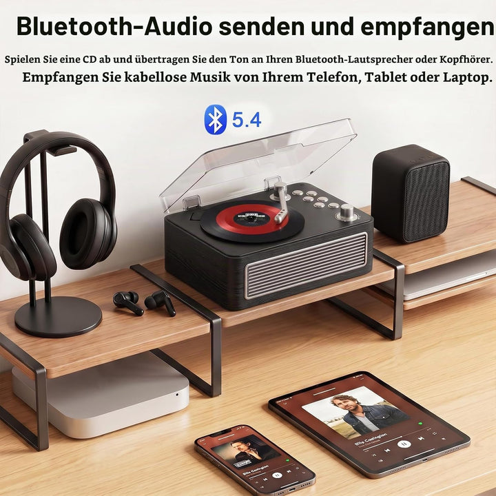 Gueray Tragbarer Bluetooth CD-Player mit Lautsprechern 3600mAh Wiederaufladbarer Vintage CD Spieler