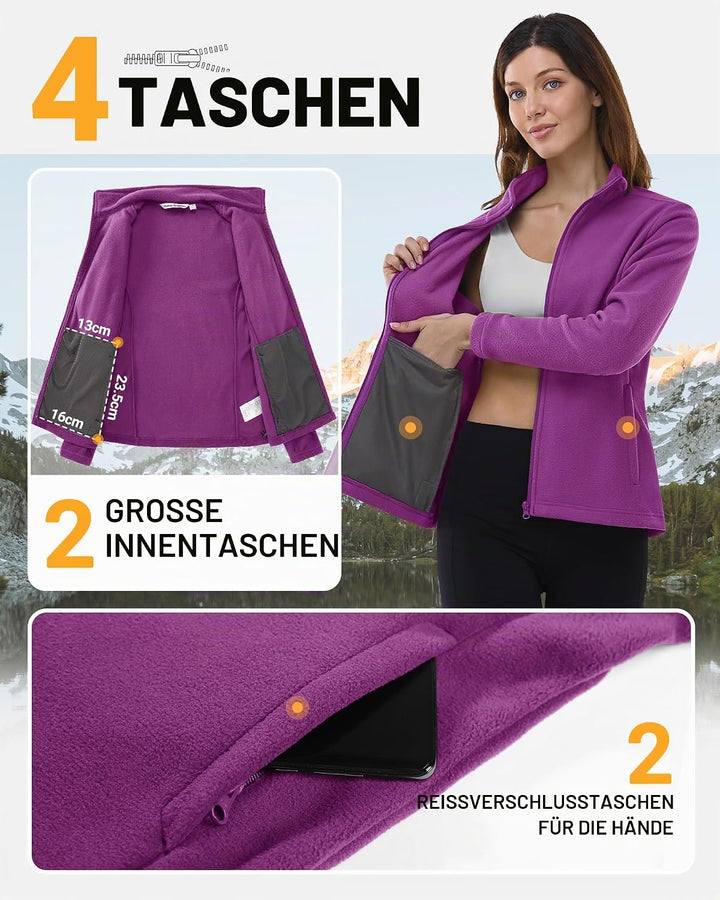 Outdoor Ventures Damen Fleecejacke mit Durchgehendem Reissverschluss Stehkragen Frauen Leichte Fleec