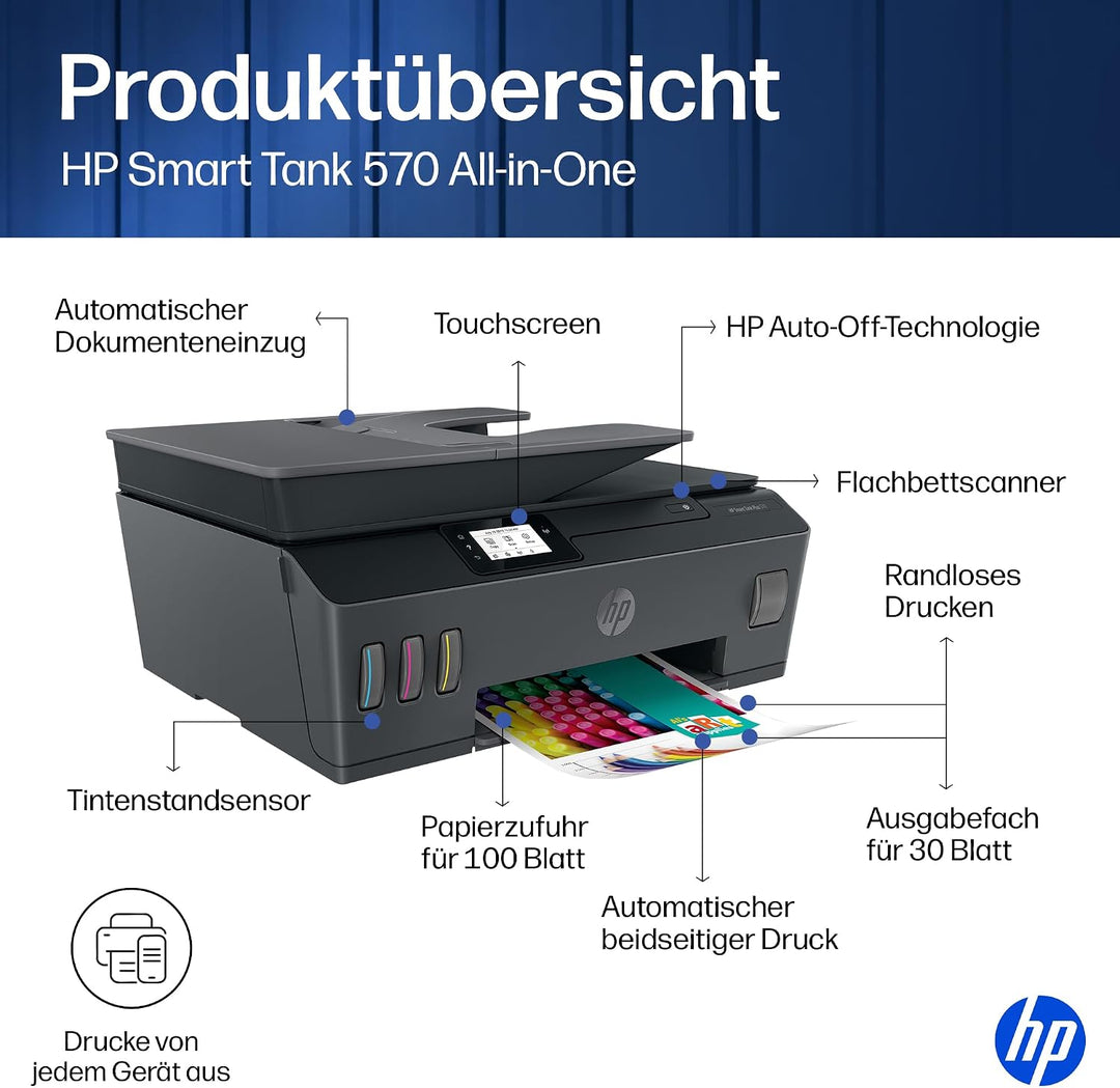 HP Smart Tank Plus 570 Multifunktionsdrucker (Drucker, Scanner, Kopierer, WLAN, AirPrint, 3-in-1, in