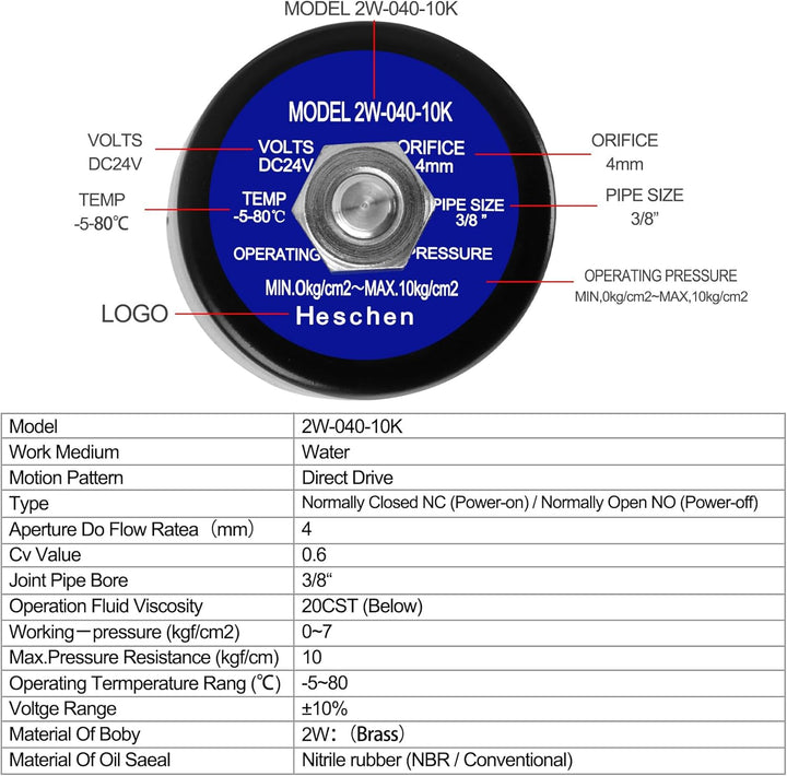 Heschen Elektrisches Magnetventil aus Messing, 2W-040-10K, PT3/8'', DC24V, Direktbetätigung für Wass