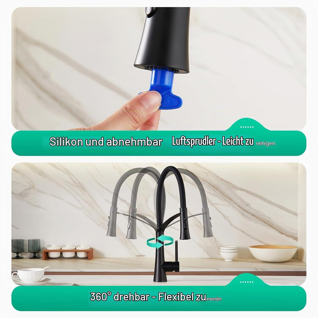 CREA Wasserhahn Küche mit 3 Funktionen Brause, Hochdruck Küchenarmatur mit Ausziehbarer Brause, 360°