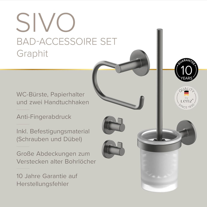 Lenz Bad-Accessoire-Set SIVO in Graphit – 4-teilig – Toilettenpapierhalter, WC-Bürstengarnitur und Z