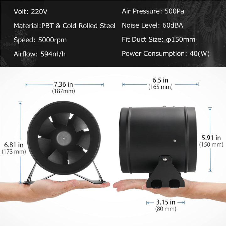 Rohrventilator 150mm Regelbar, 594m³/h Inline-Kanalventilator Abluftventilator Ideal Rohrlüfter für