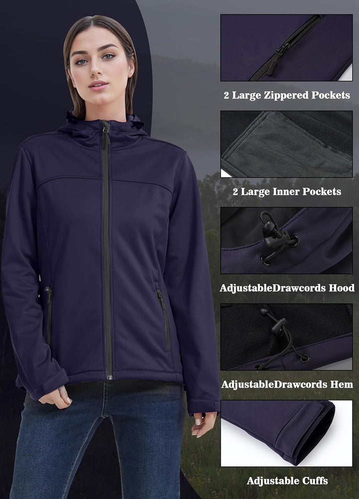 ATLASLAVA Damen Softshelljacke Leichte mit Fleece-Futter Kapuze Windjacke Laufen Wandern XL Blau, XL
